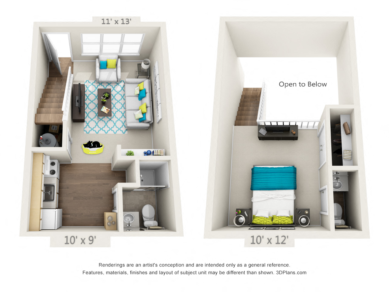Floor plan for 1 bed, 1.5 baths, 550 sqft
